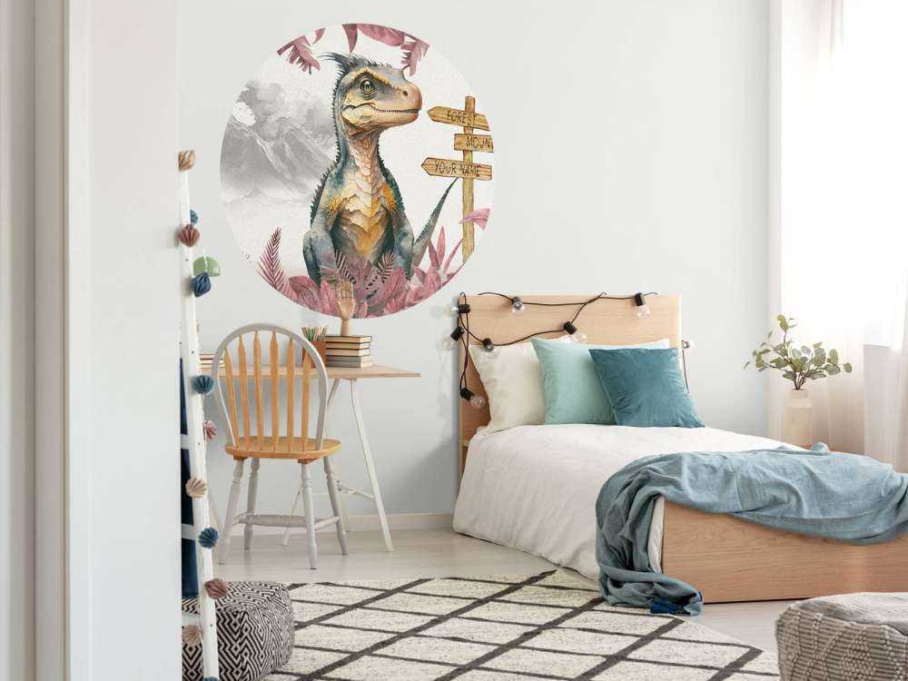 Bébé vélociraptor dans la jungle rose