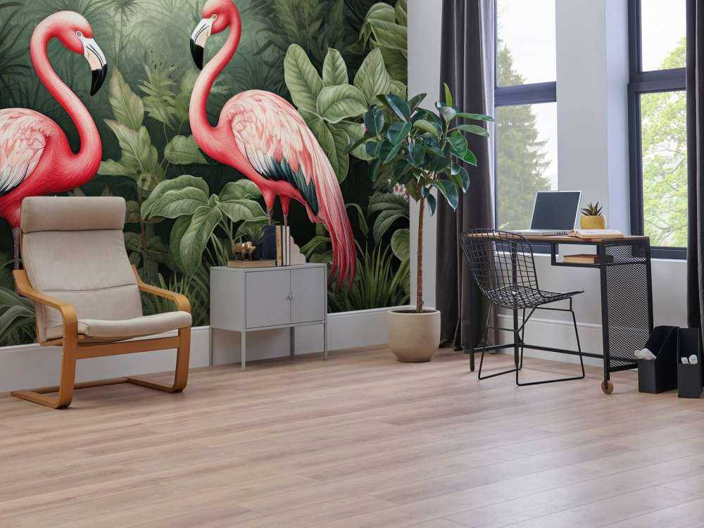 Oasis florale de flamants roses