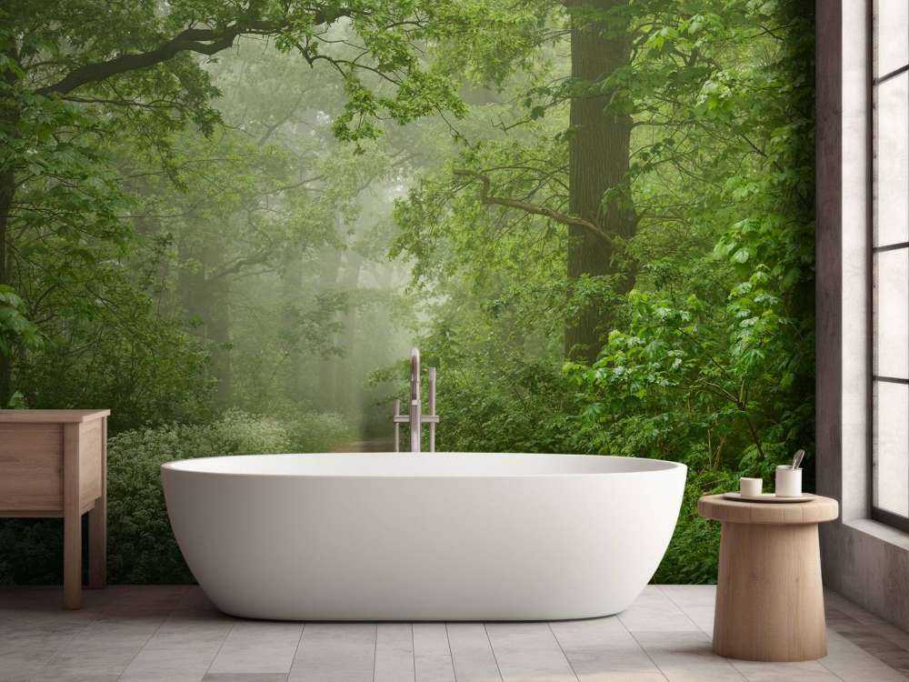 Forêt brumeuse avec chemin