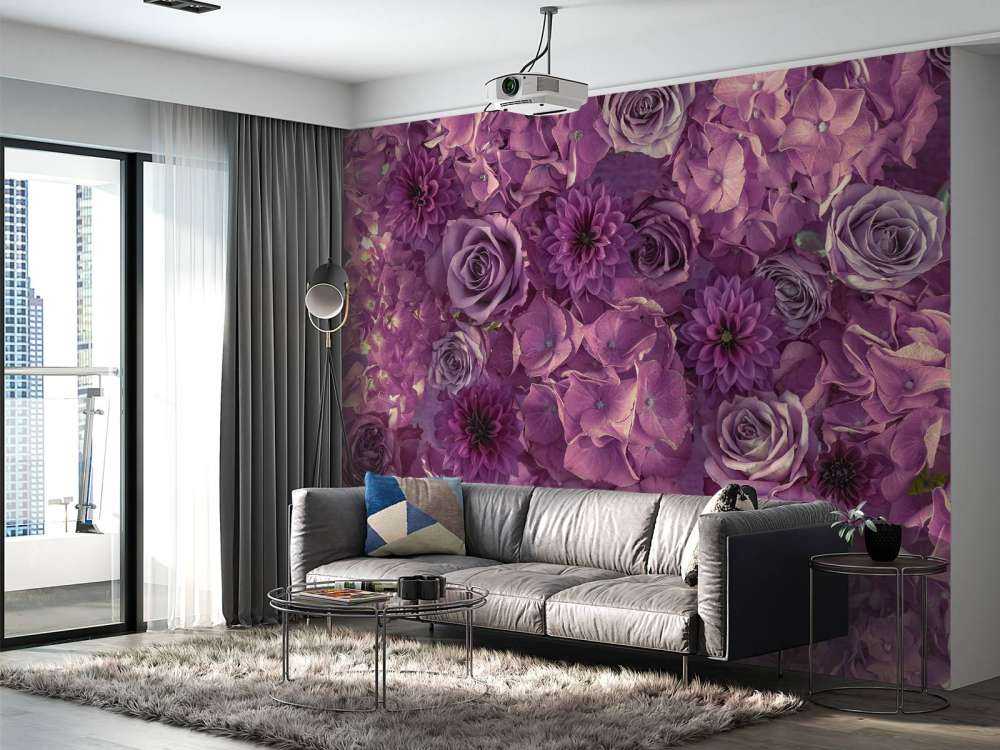 Hortensias mauves, roses et dahlias