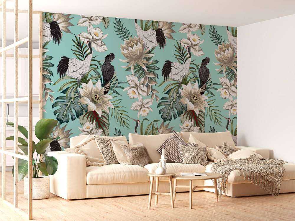 Grues couronnées et perroquets