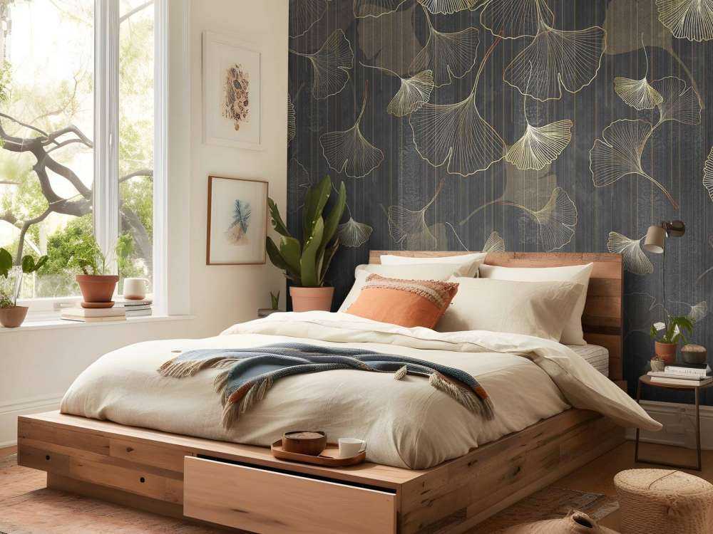 Feuilles de ginkgo dans une brume dorée