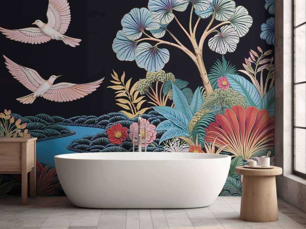 Paysage tropical avec des oiseaux blancs