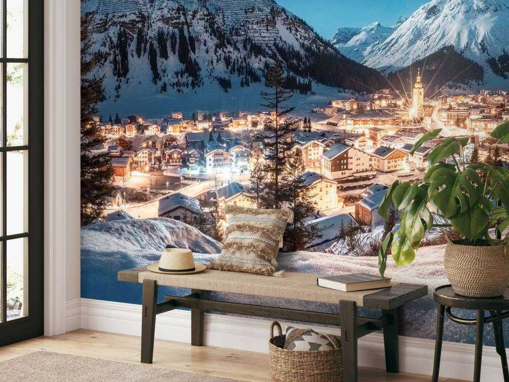 Village alpin scintillant sous un ciel étoilé