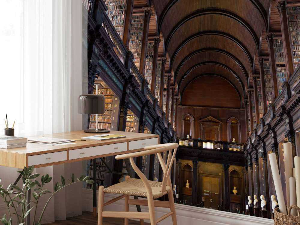 Salle de livres classiques avec des arcs