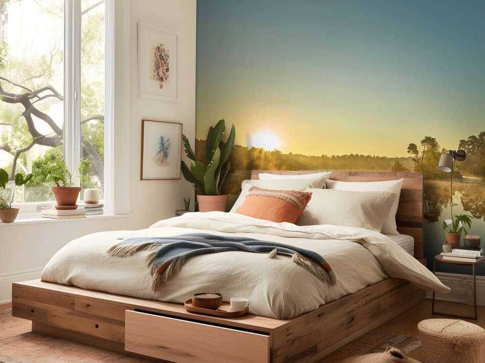 Lever de soleil au lac forestier