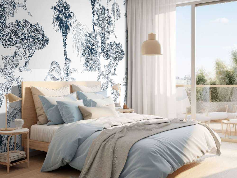 Palmiers et arbres tropicaux bleu canard