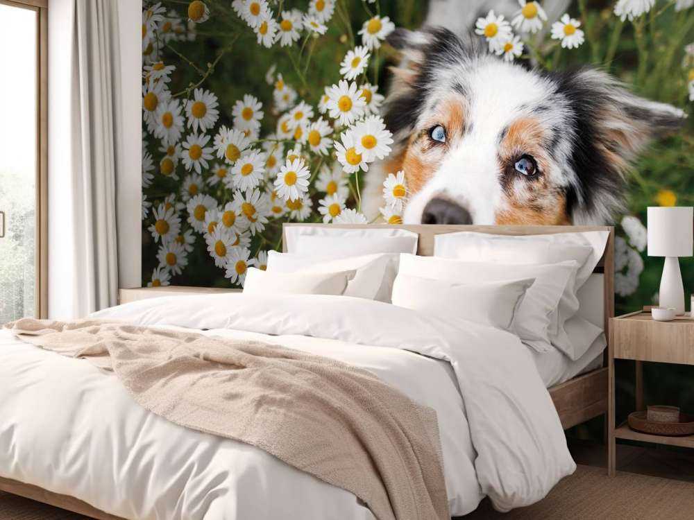 Un berger australien parmi les fleurs