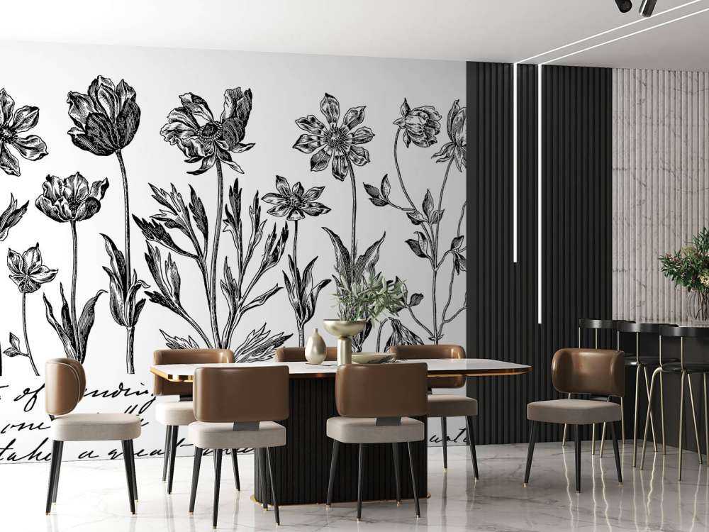 Historic flower drawing script black white