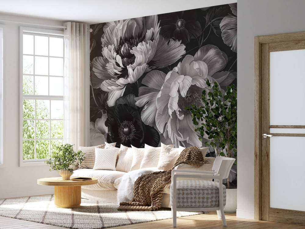 Jardin de fleurs baroque maximaliste en niveaux de gris