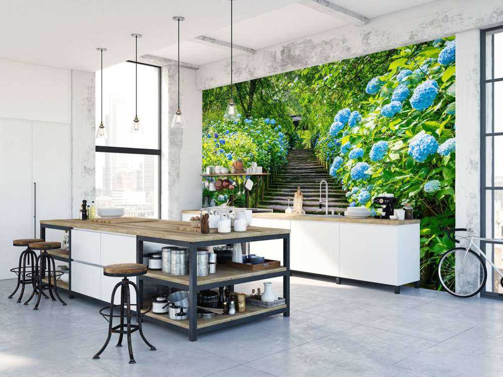 Escalier entre des hortensias