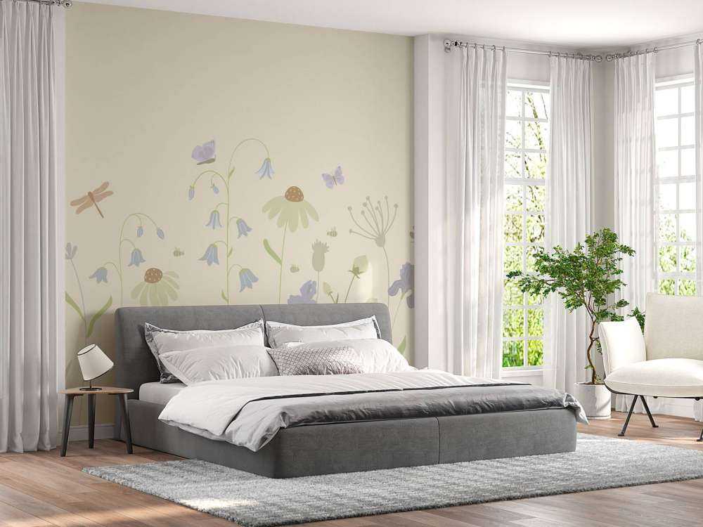 Champ de fleurs en hauteur avec papillons sable, vieux rose, vert et lilas