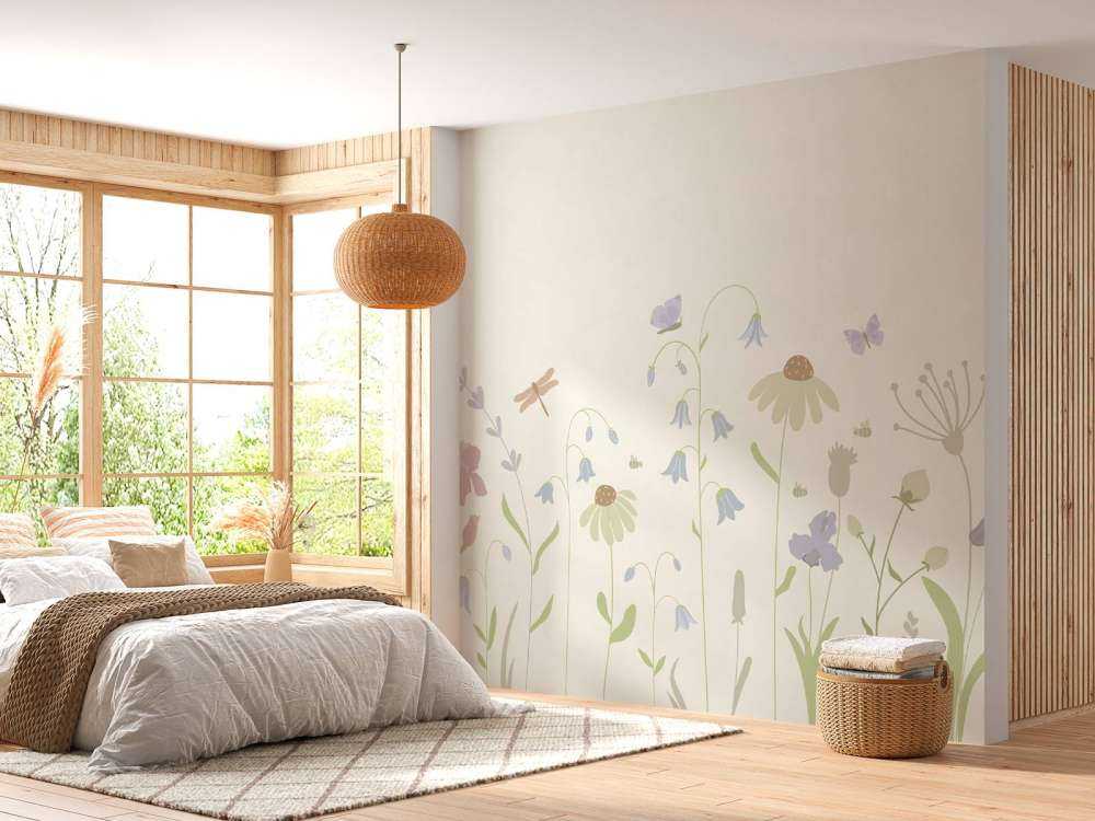 Champ de fleurs en hauteur avec papillons beige, vieux rose, vert et lilas