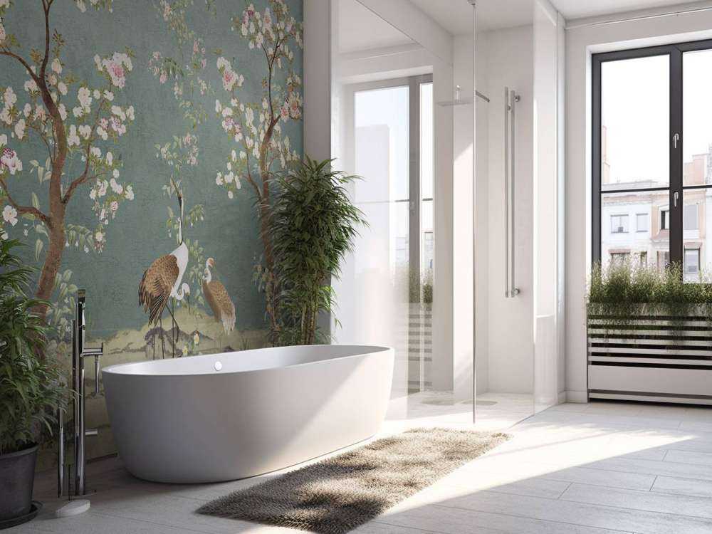 Arbres en fleurs avec des grues dans un jardin serein