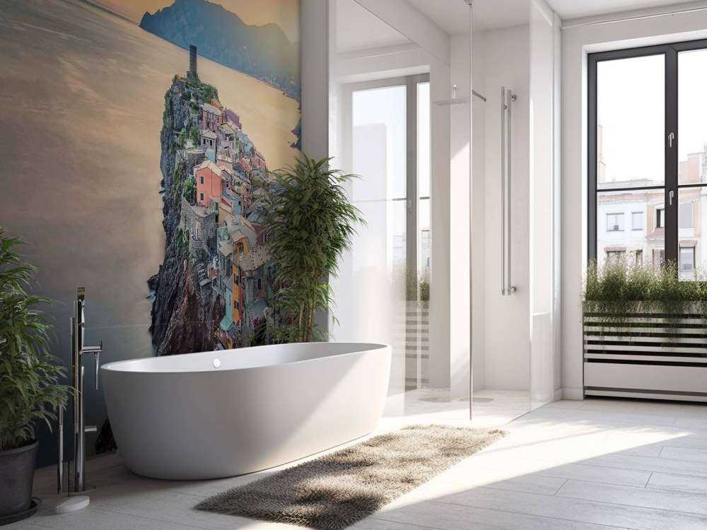 Coucher de soleil au-dessus des rochers côtiers colorés.