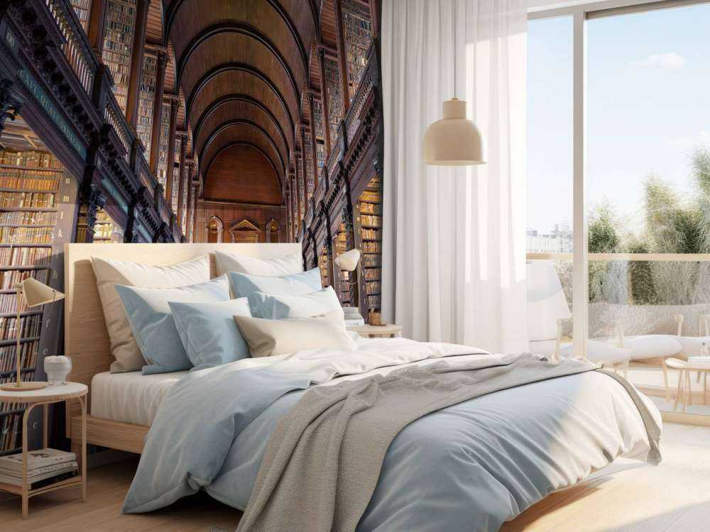 Salle de livres classiques avec des arcs