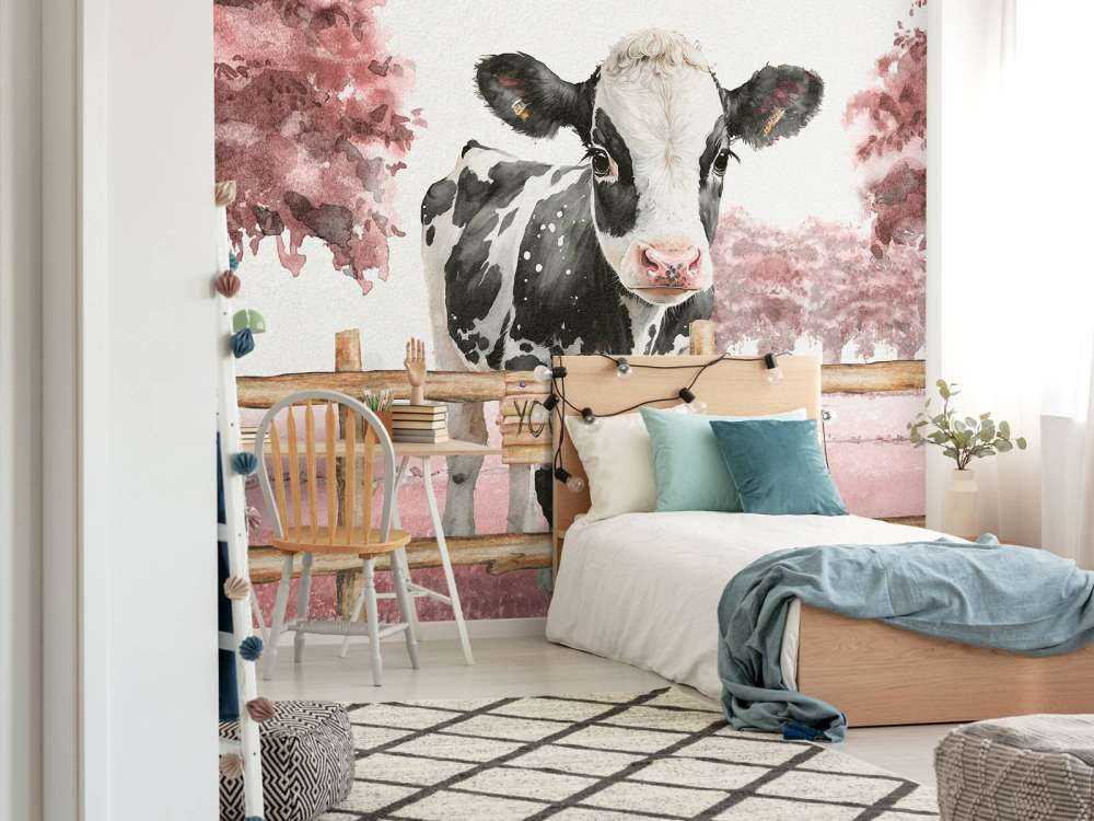 Jeune vache dans un pré rose