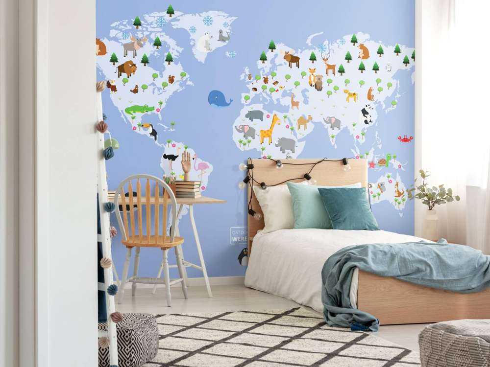 Carte du monde pour les enfants sur fond bleu