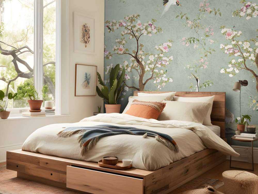 Arbres en fleurs avec des grues sur fond vert jade