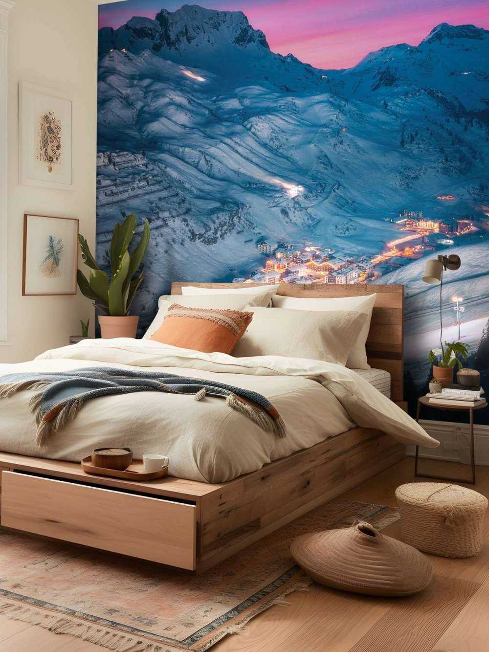 Village enneigé sous un ciel du soir violet