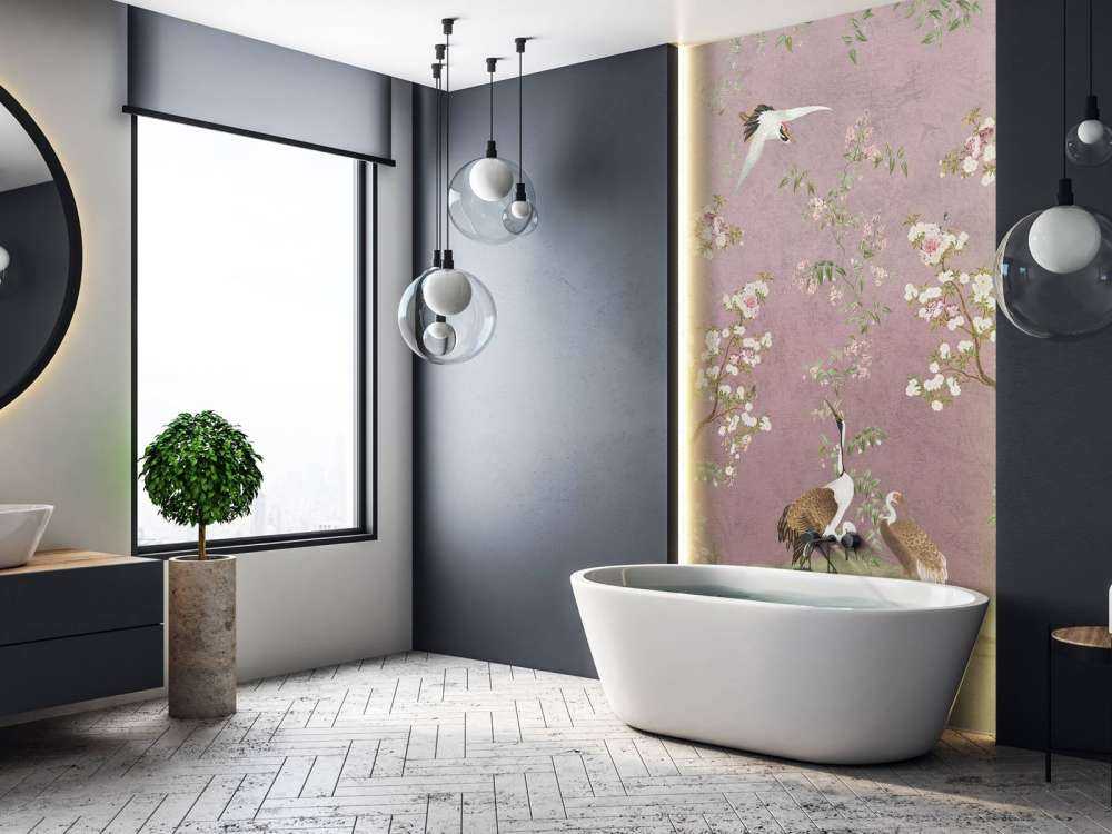 Grues sous un ciel rose en fleurs