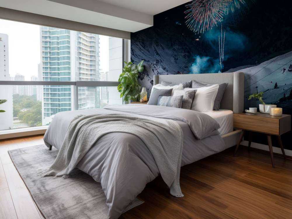 Feu d'artifice au-dessus d'un village de montagne en hiver