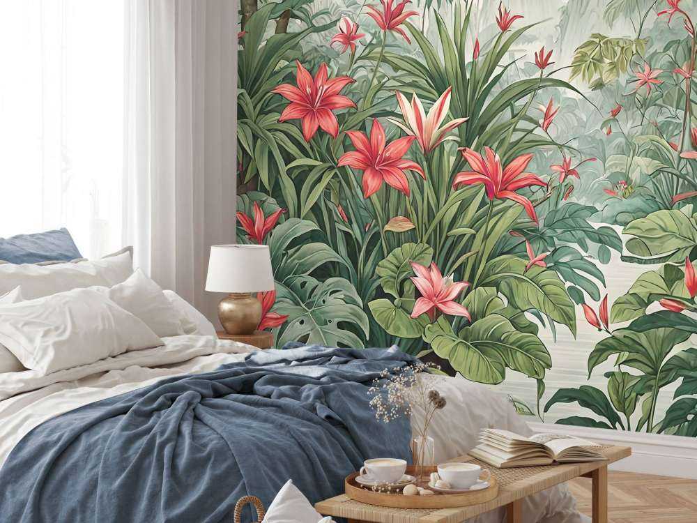 Forêt tropicale de lys dans la brume du matin