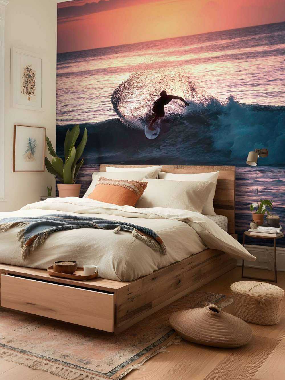 Surfeur dans la lueur rose du soir