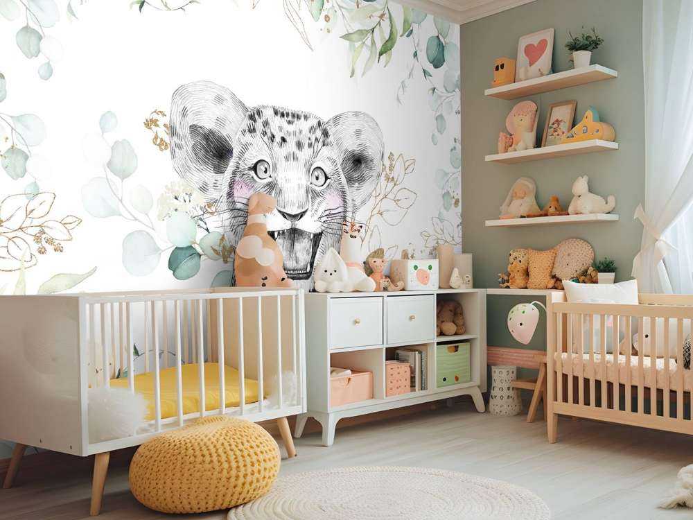 Bébé lion et feuillage menthe