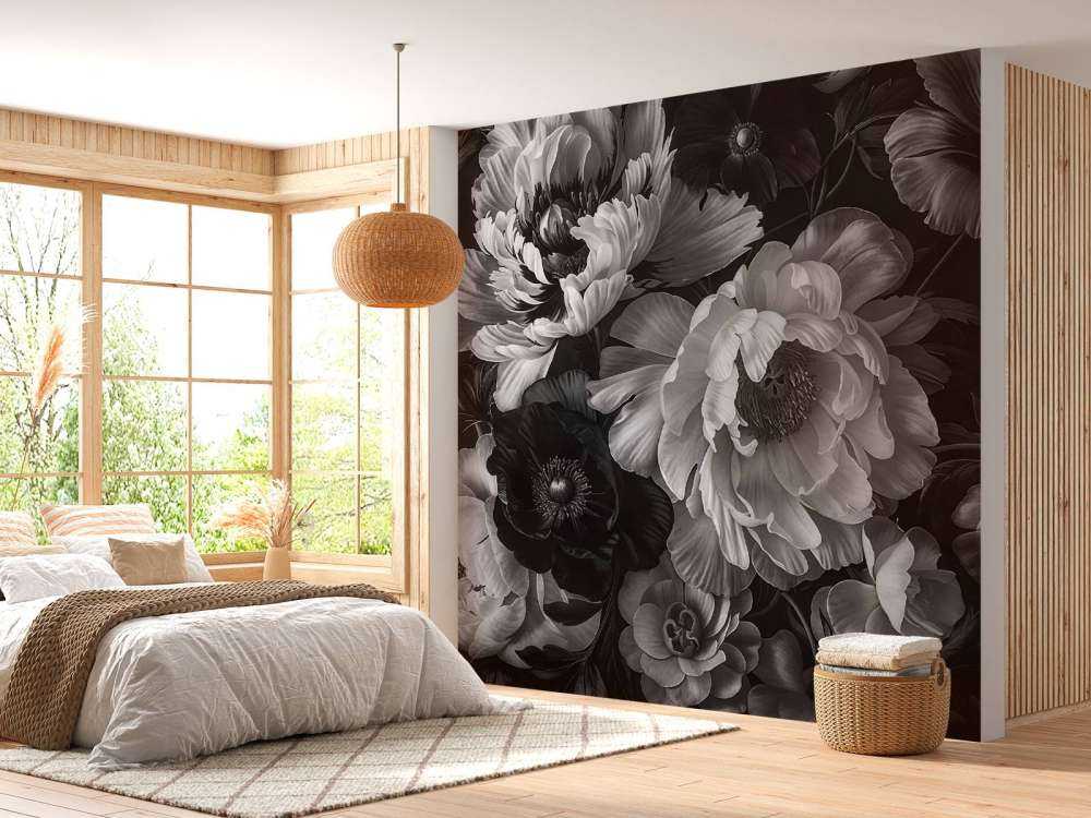 Jardin de fleurs baroque maximaliste en niveaux de gris