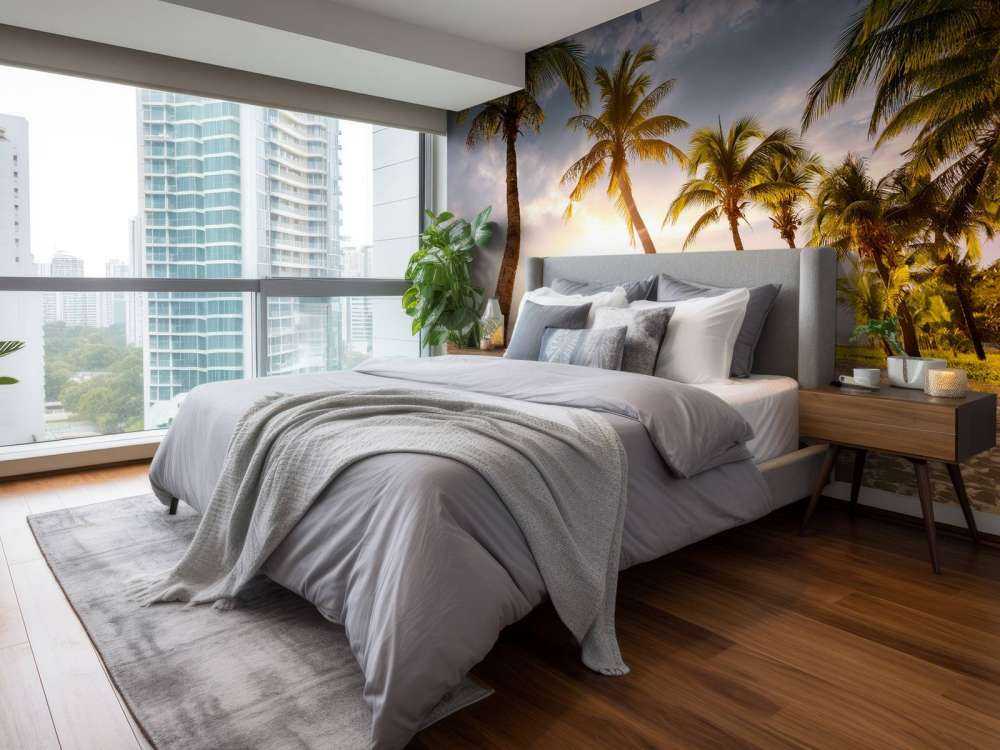 Palmiers à noix de coco contre le coucher du soleil