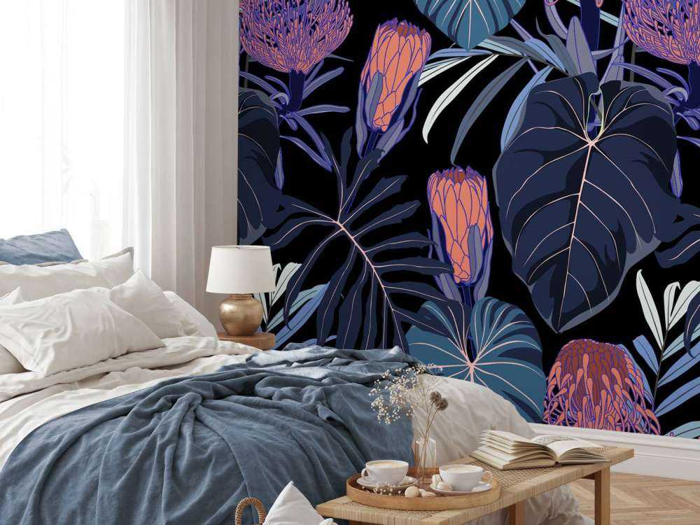 Motif de plantes tropicales bleu canard