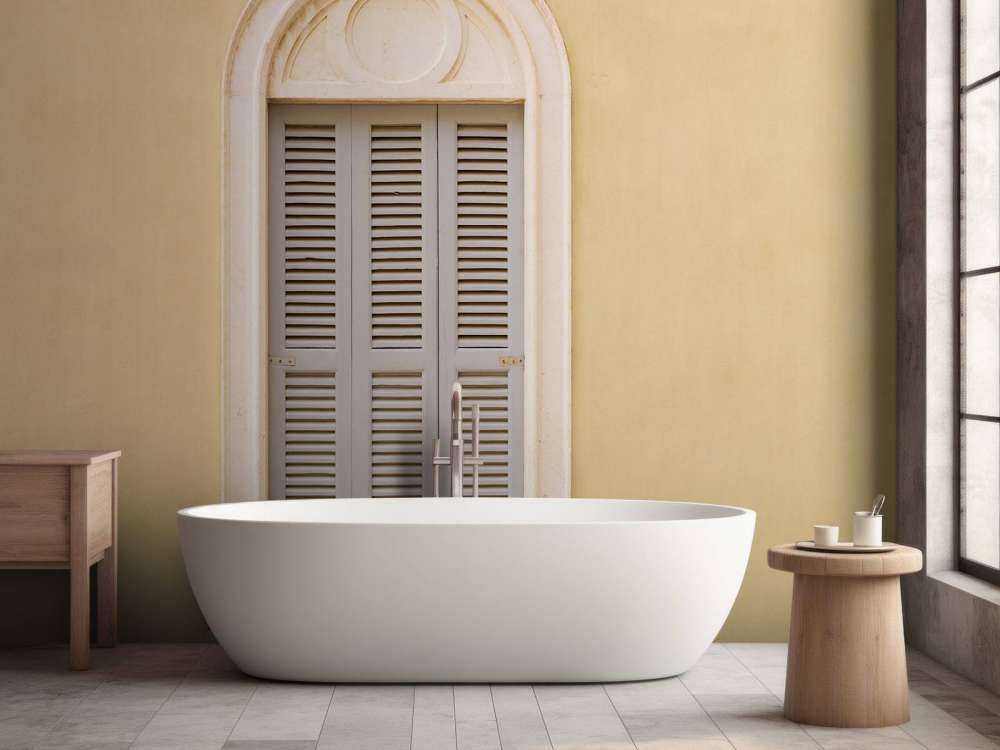 Fenêtre avec volets en bois sur un mur jaune