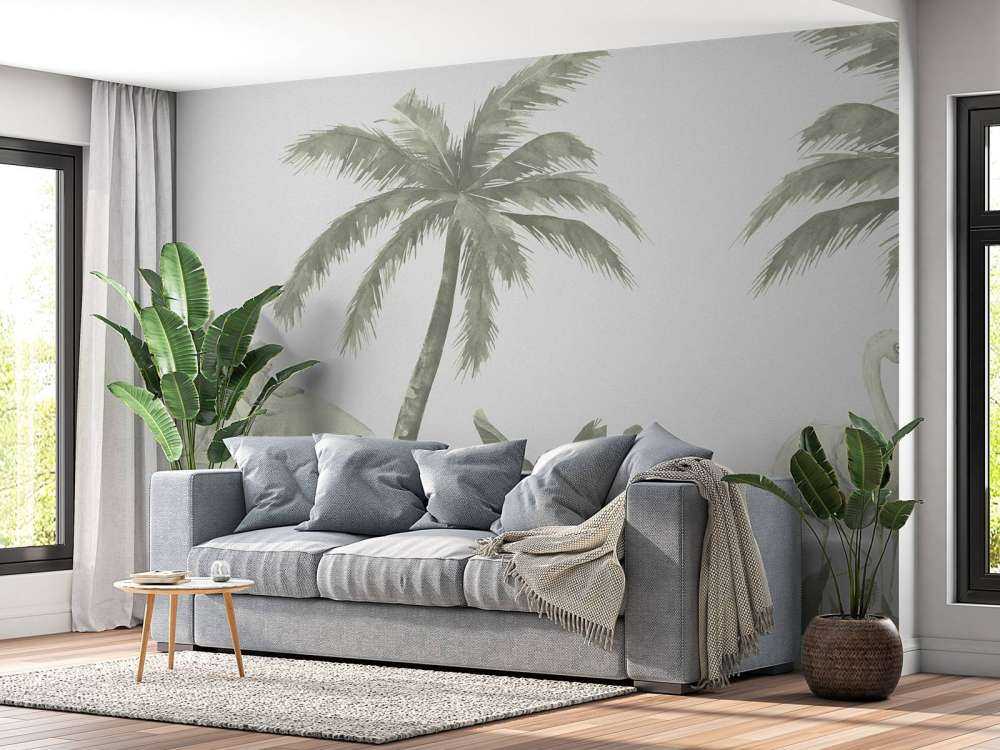 Singes et flamants roses en vert d'eau