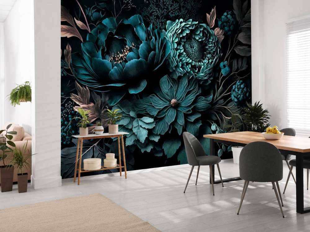 Ambiance Renaissance, fleurs mélancoliques turquoise