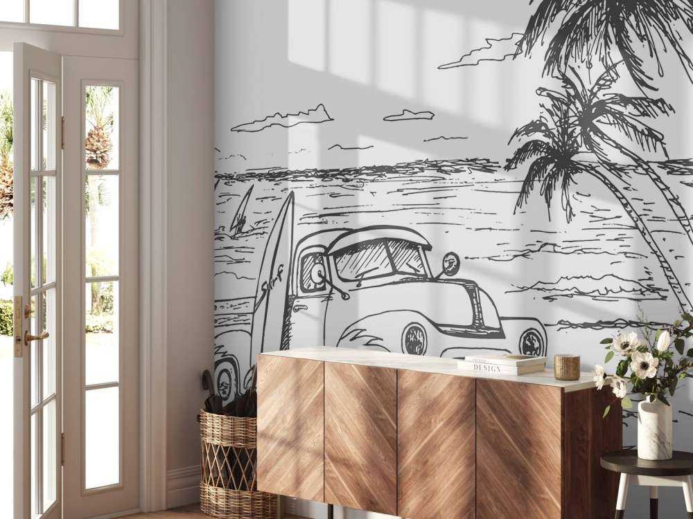 Plage dessinée en noir et blanc