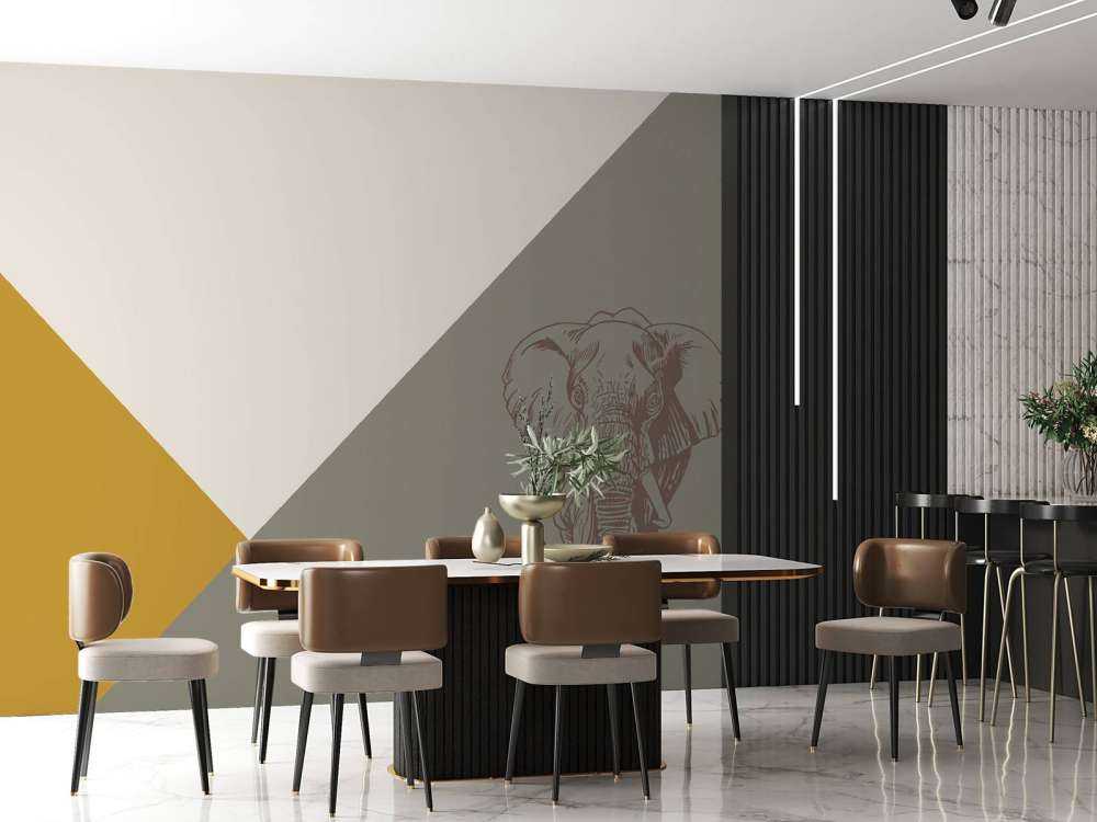 Triangles en jaune ocre et vert avec éléphant