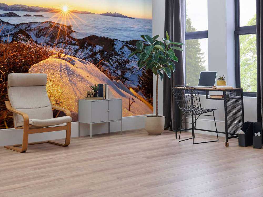 Lever de soleil au-dessus d'une prairie de montagne en hiver