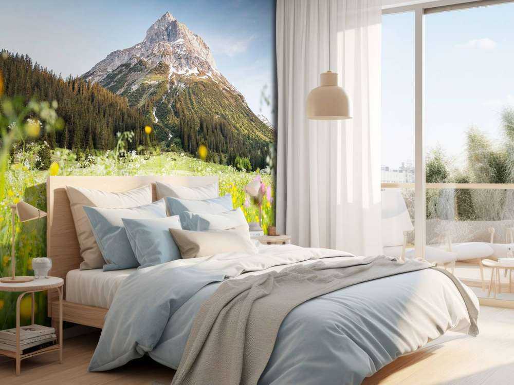 Sommet de la montagne au-dessus de la prairie de fleurs