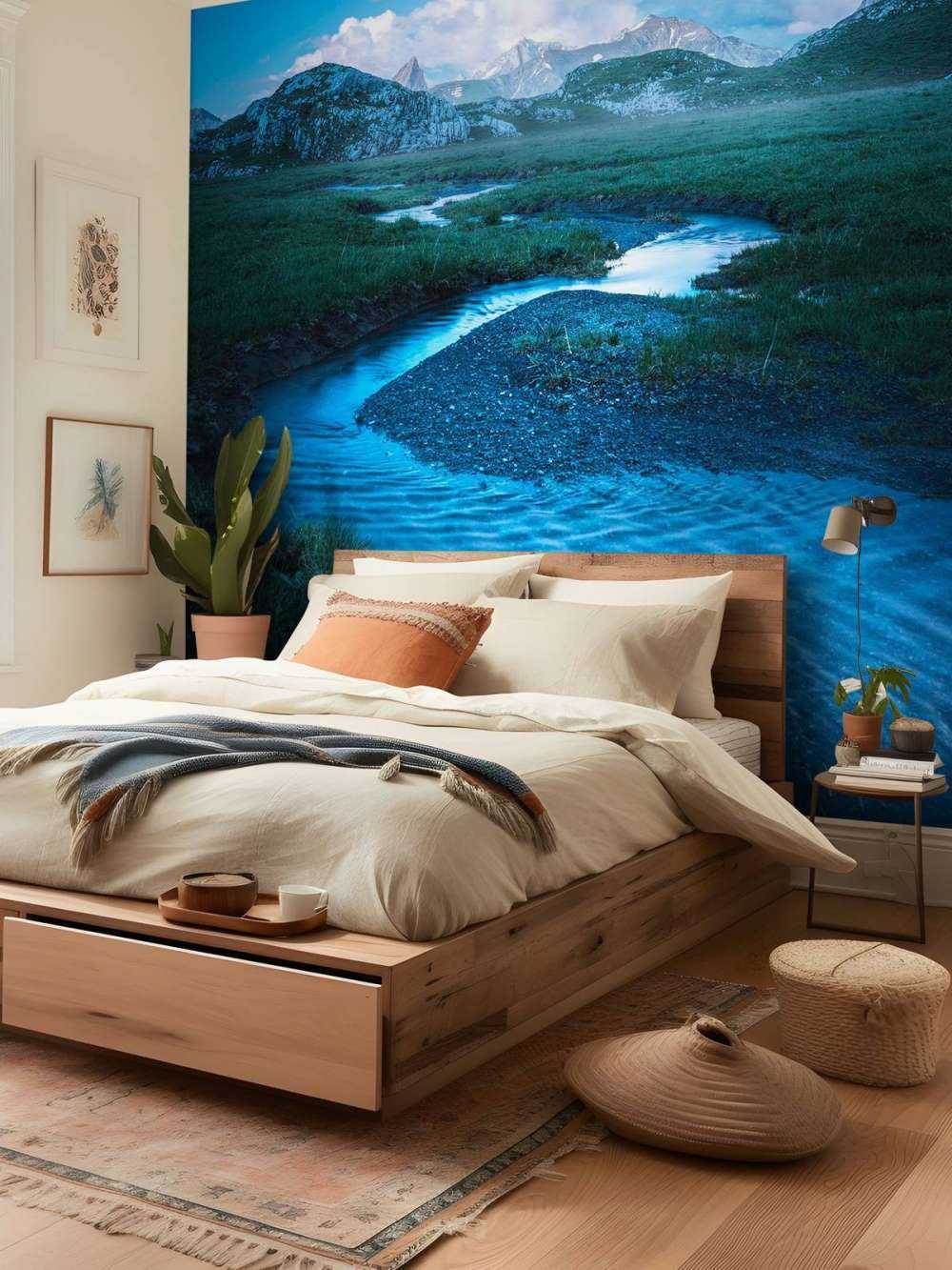 Ruisseau de montagne sous un ciel du soir bleu