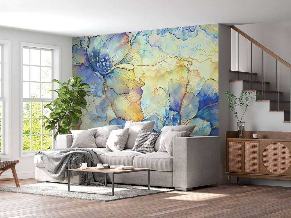 Fleurs en aquarelle en bleu et or