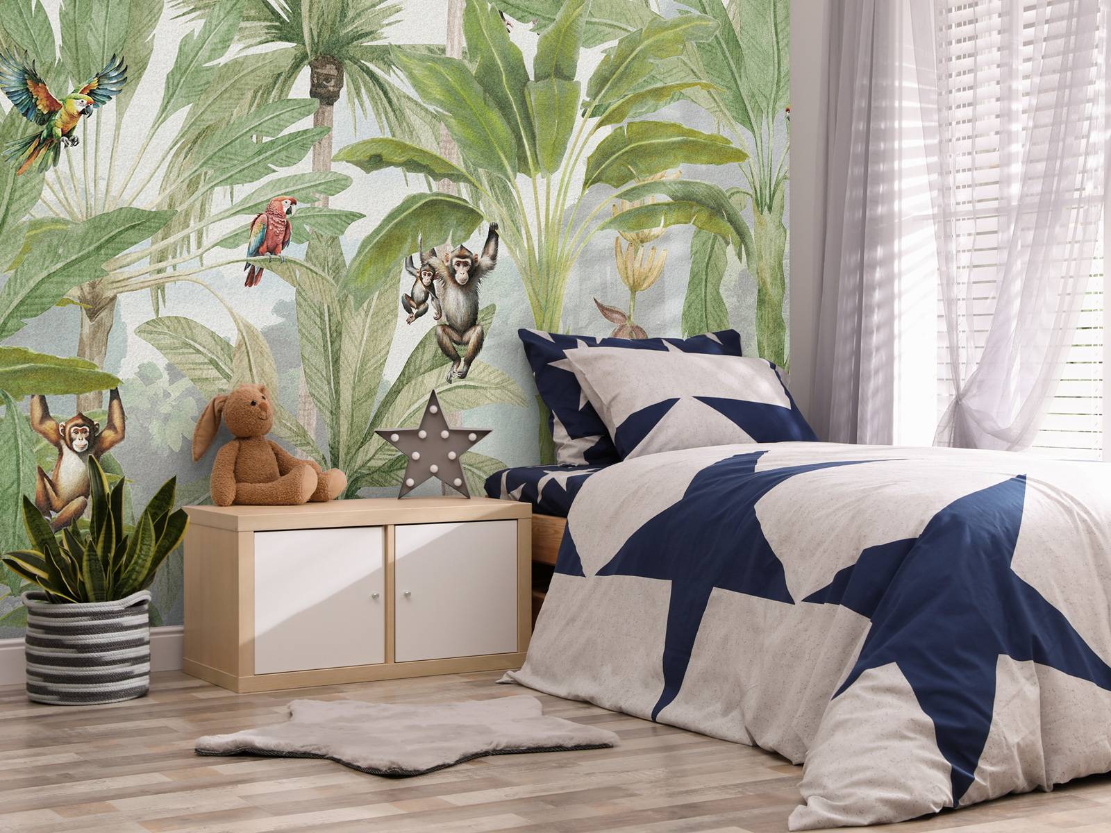 Jungle avec singes et perroquets en couleur