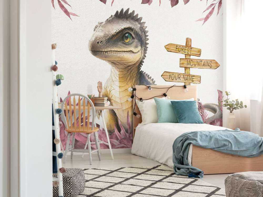 Bébé spinosaure dans la jungle rose