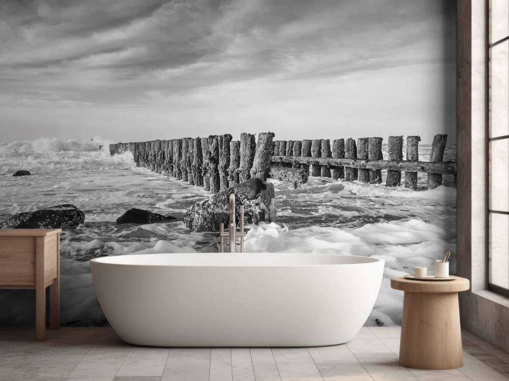 Mer écumeuse en noir et blanc