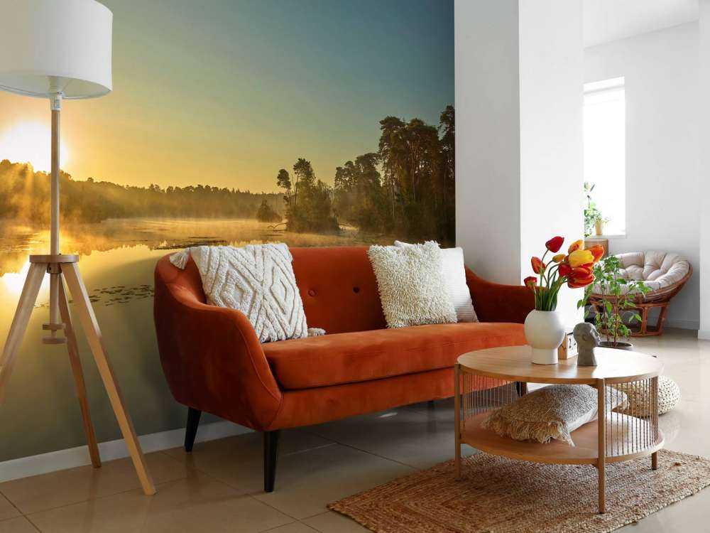 Lever de soleil au lac forestier