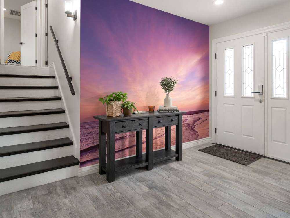 Plage avec coucher de soleil rose