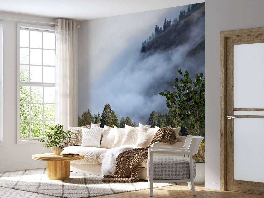 Matin d'automne dans la forêt de montagne brumeuse