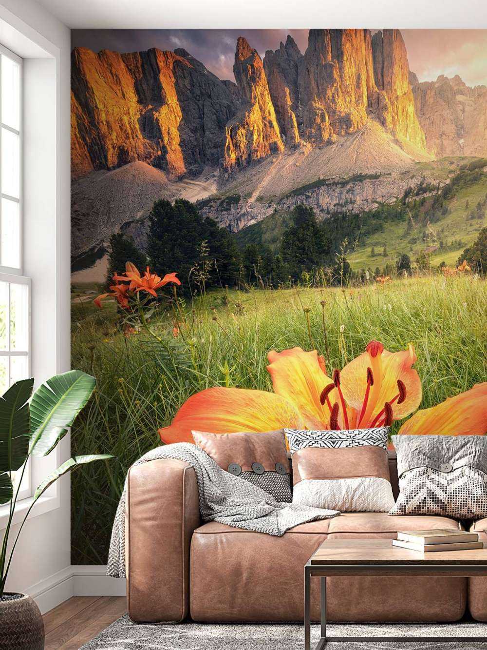 Paysage alpin ardent avec des lys