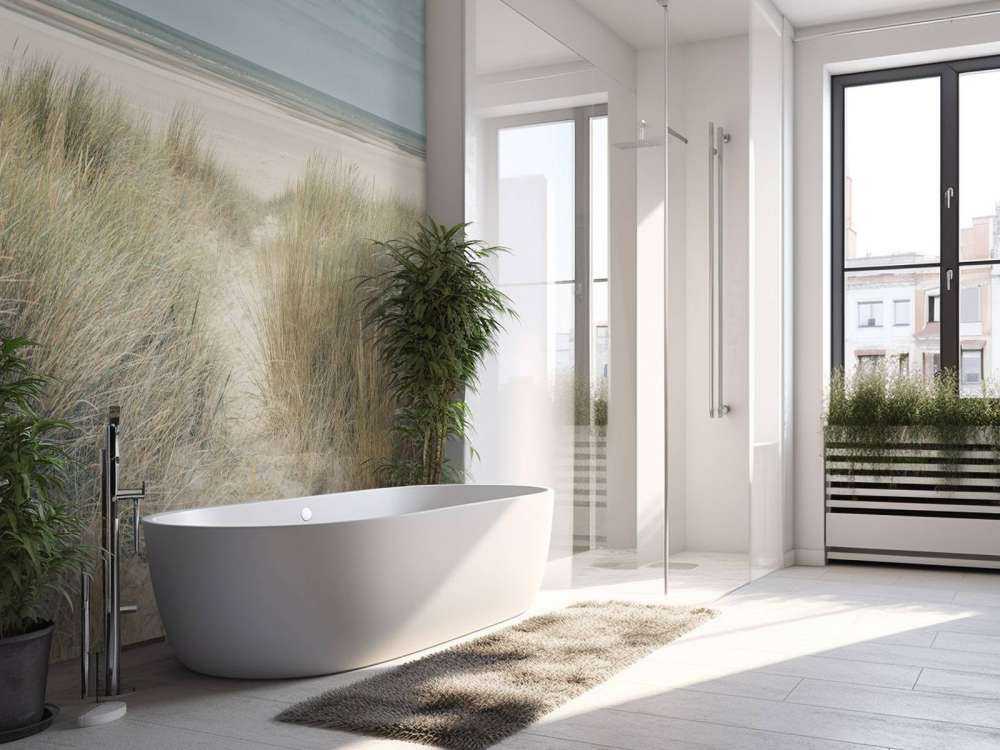 Dunes de sable herbeux sur la côte sous un ciel bleu