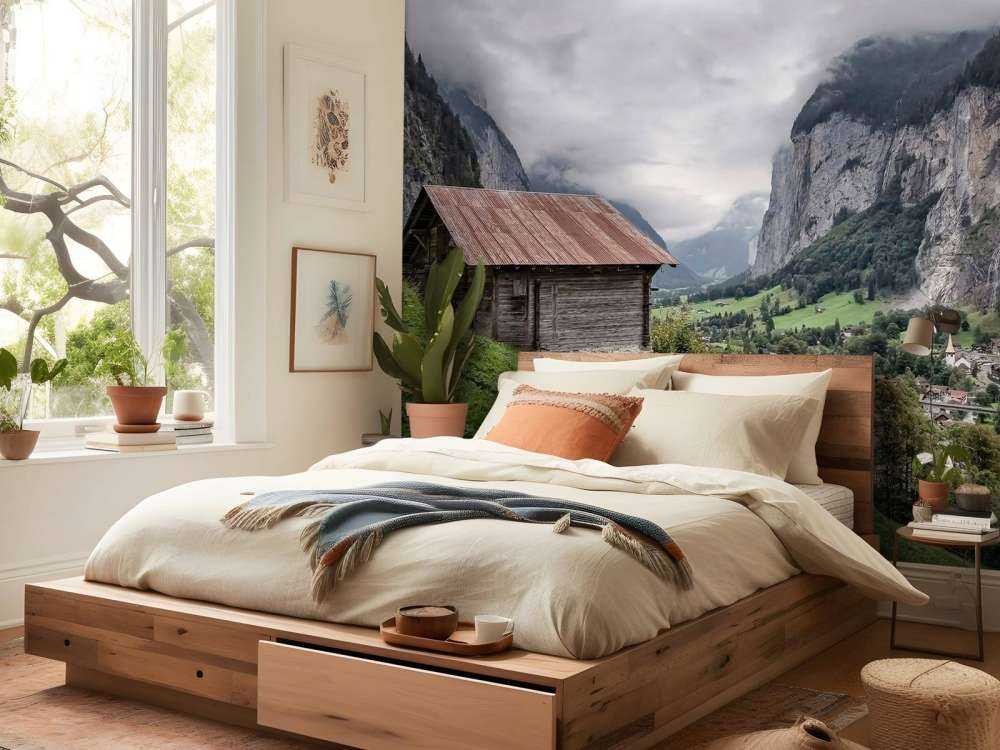 Vallée de montagne avec une cabane de montagne en bois